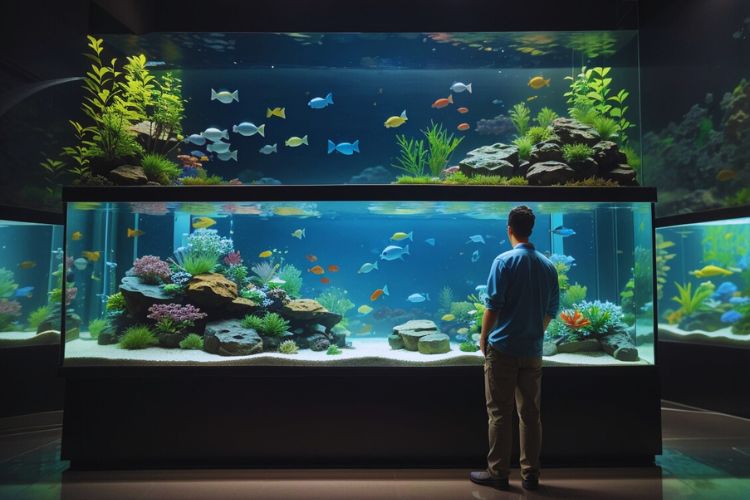 homem olhando aquário