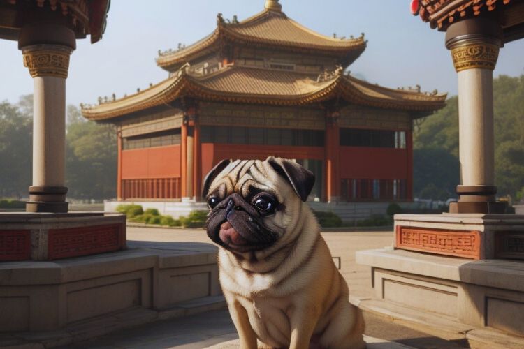 cachorro pug no templo chinês