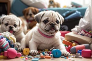 filhote de cachorro pug branco com brinquedos