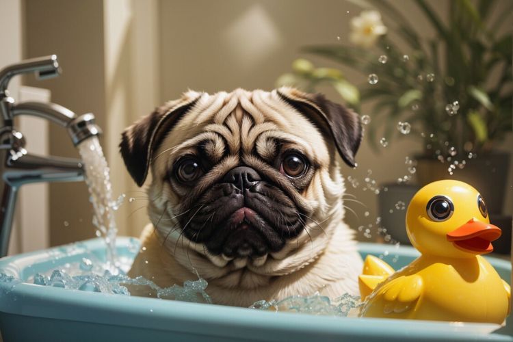 cachorro pug no banho
