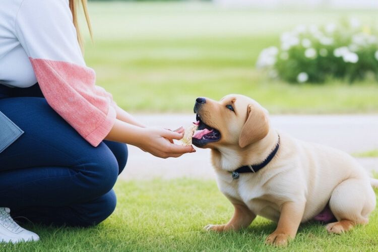 cachorro labrador recebendo petisco