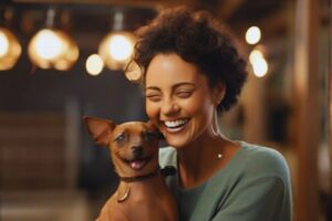 cachorro pinscher e mulher feliz