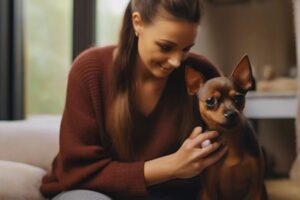 cachorro pinscher e mulher sorrindo