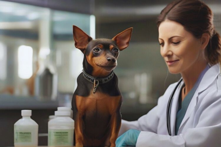 cachorro pinscher e veterinário