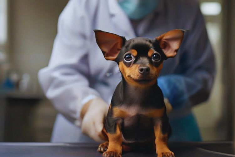 cachorro pinscher e veterinário
