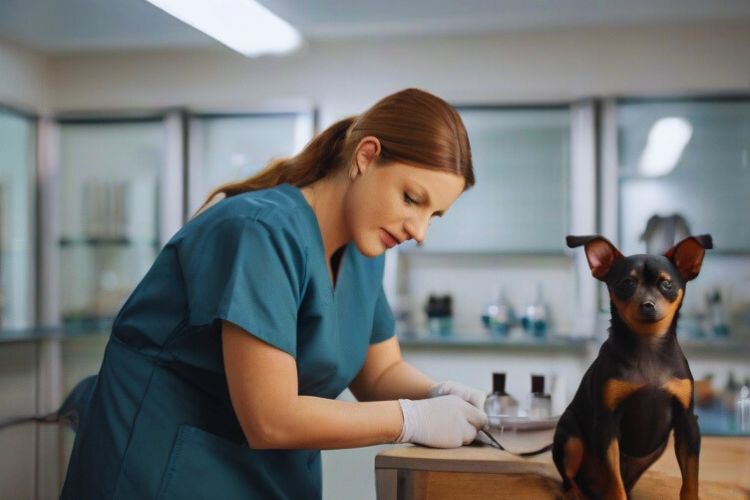 cachorro pinscher e veterinário no consultório
