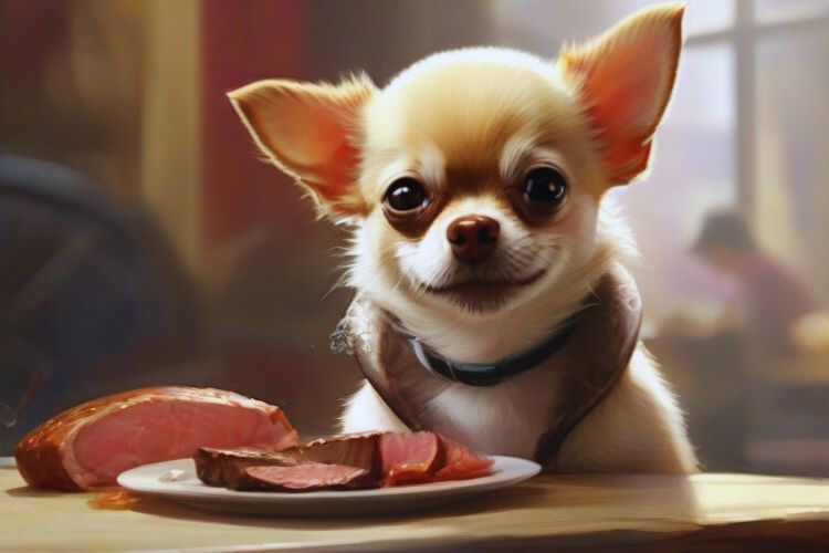 Cachorro Chihuahua com carne