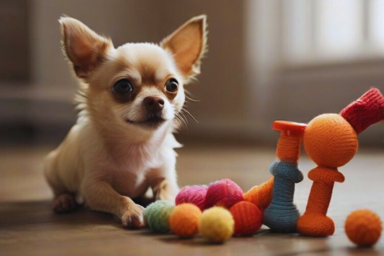 cachorro Chihuahua com seus brinquedos