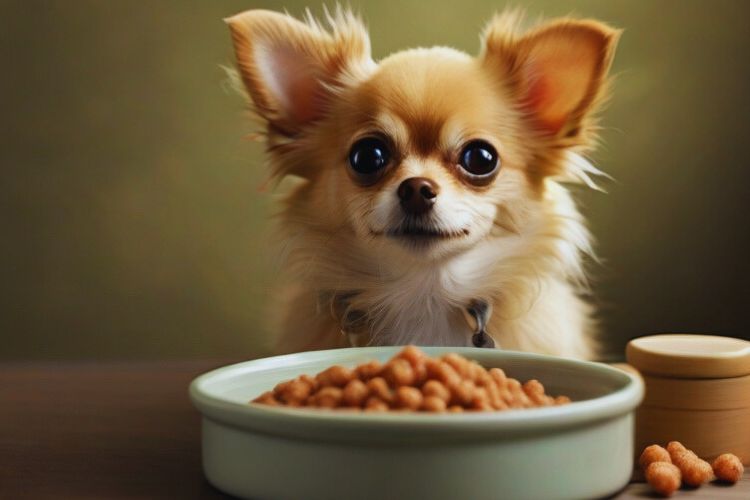 cachorro Chihuahua olhando sua ração