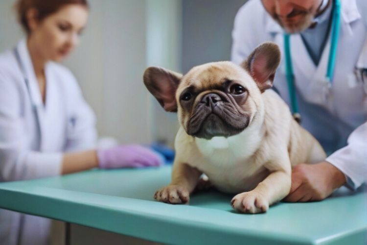 cachorro bulldog e veterinário em clínica