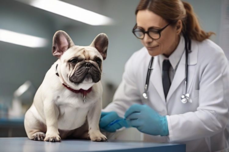 cachorro bulldog francês e veterinário