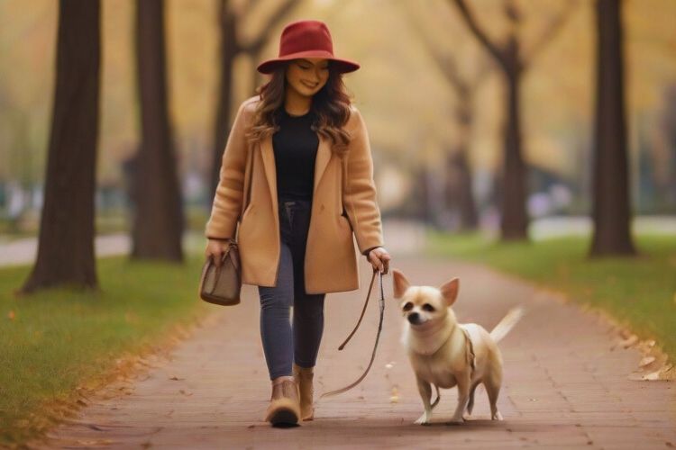 cachorro chihuahua caminhando com sua dona