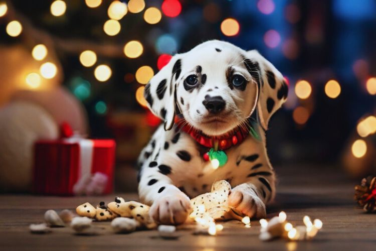 cachorro dalmata filhote com biscoitos no natal