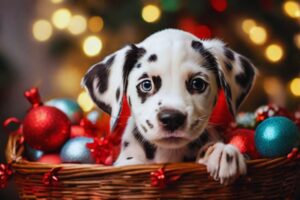 cachorro dalmata filhote junto a cesta de natal