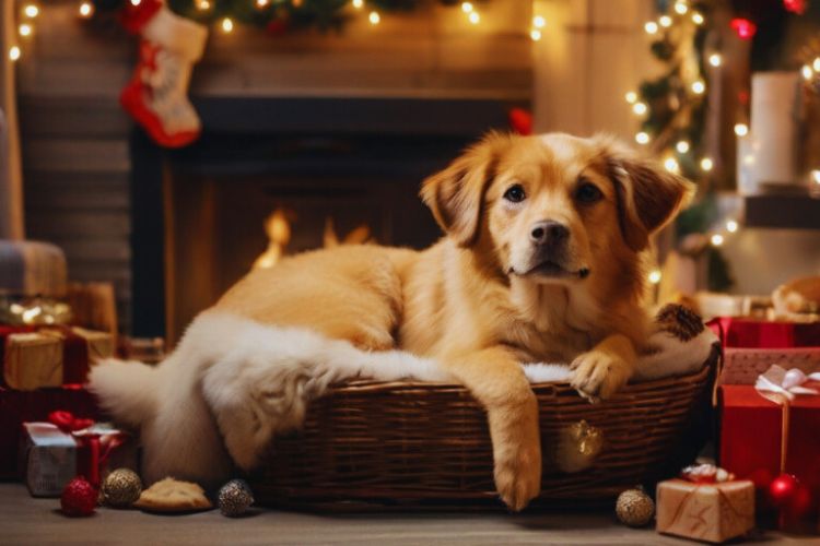 cachorro golden retrivier dentro de cesta no natal