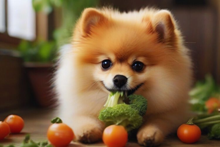 cachorro lulu da pomerânia comendo vegerais