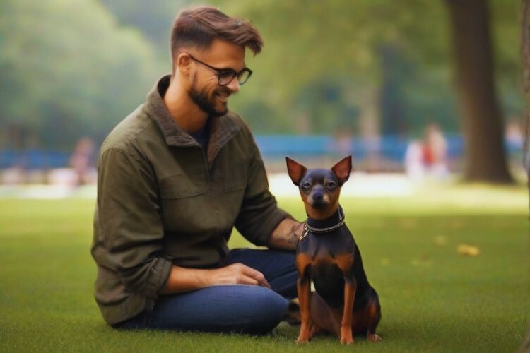 cachorro pinscher com homem no parque