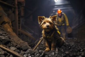 cachorro yorkshire dentro de mina de carvão