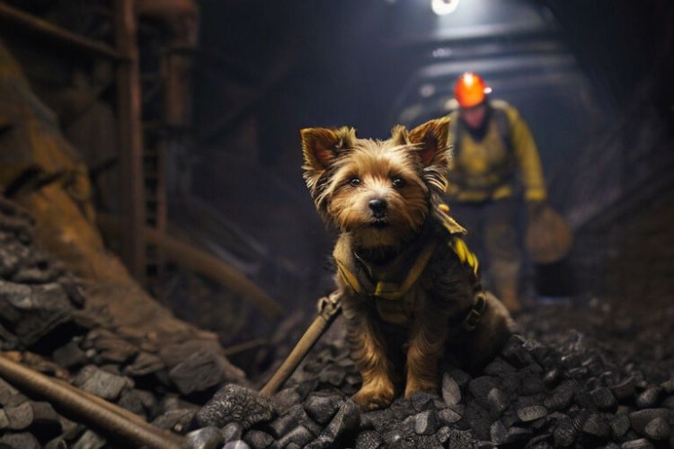 cachorro yorkshire dentro de mina de carvão