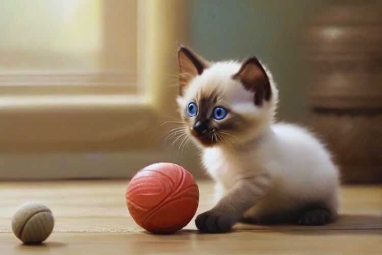 gato siamês filhote brincando com bola