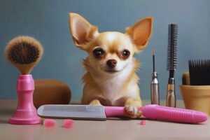 cachorro chihuahua com materiais de escovação