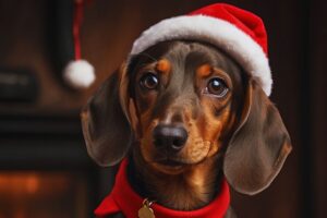 cachorro com gorro de natal olhando para frente