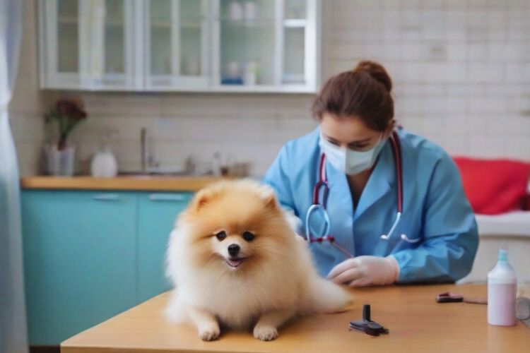 cachorro lulu da pomerânia com veterinário 