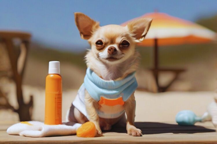  cachorro Chihuahua com protetor solar 