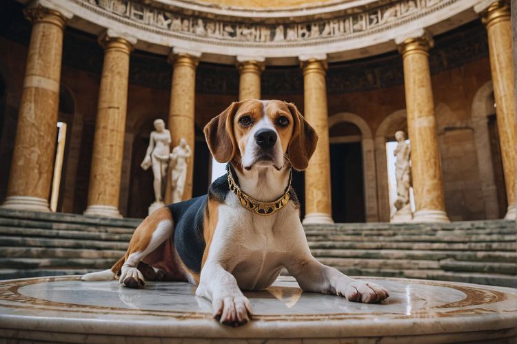 cachorro beagle dentro do templo grego