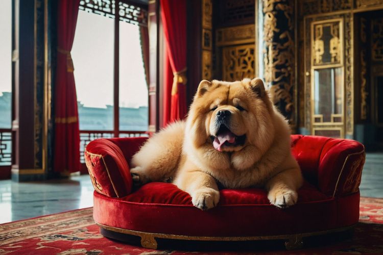 cachorro chow cho deitado em sofá no palácio