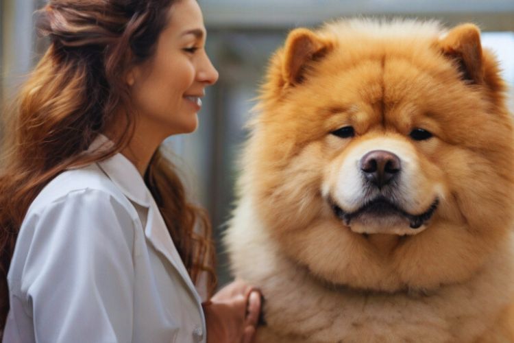cachorro chow chow com veterinário em clínica