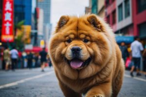 cachorro chow chow de boca aberta andando