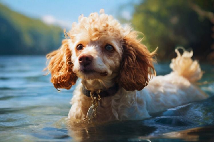 cachorro poodle dentro de rio