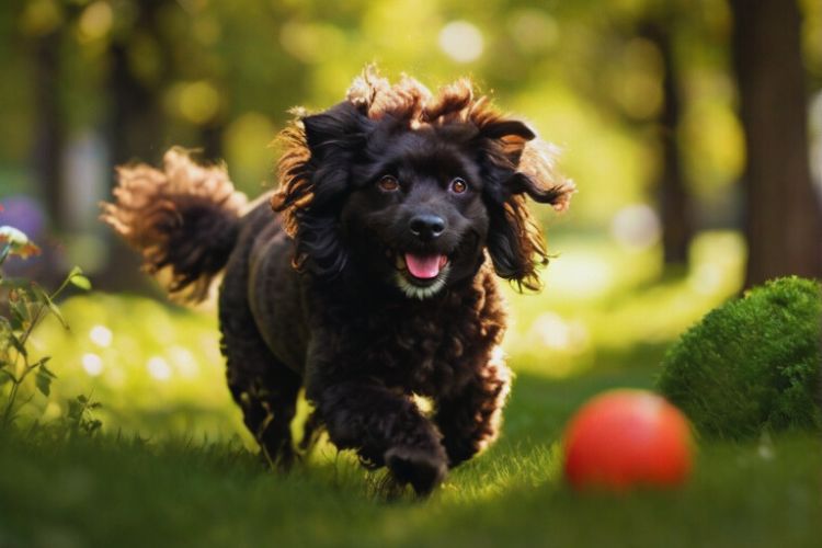 cachorro poodle toy brincando com bola