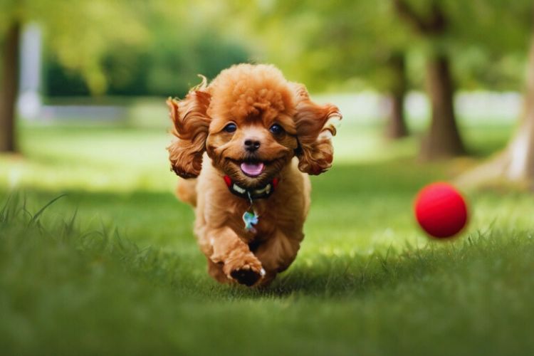 cachorro poodle toy brincando com bola no parque