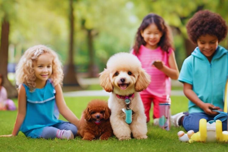 cachorro poodle toy com crianças no parque