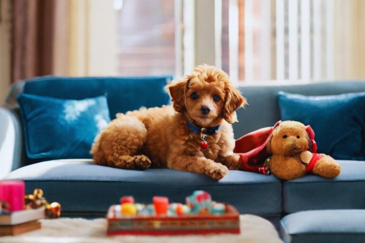 cachorro poodle toy em cima do sofá