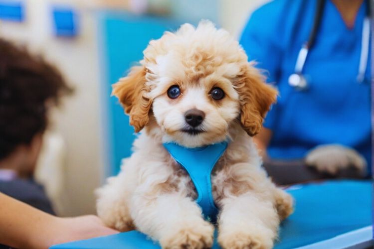 cachorro poodle toy filhote com veterinário