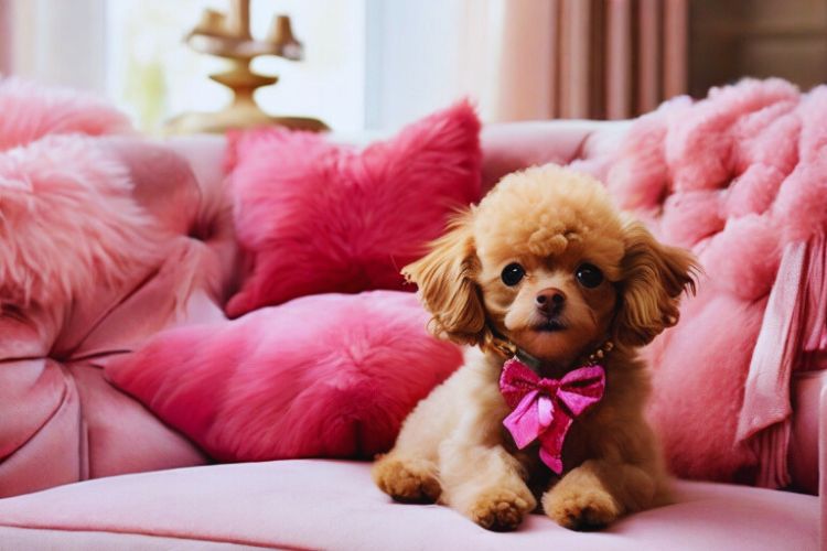 cachorro poodle toy sento no sofá rosa