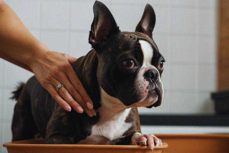 cachorro boston terrier tigrado sendo tratado