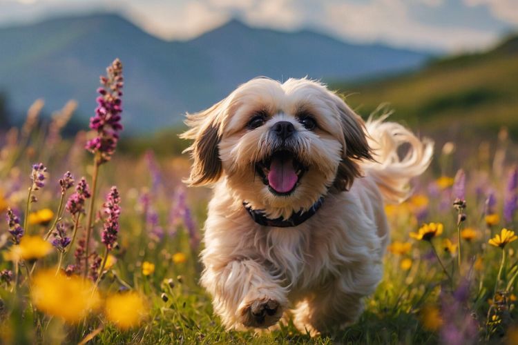 cachorro Lhasa Apso correndo em campo florido