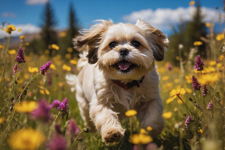 cachorro Lhasa Apso correndo entre as flores