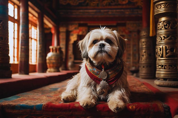 cachorro Lhasa Apso dentro de monasterio