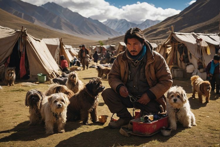 cachorro Lhasa Apso em vilarejo no tibet com homem
