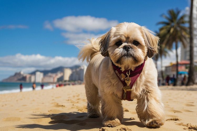 cachorro Lhasa Apso na praia de copacabana