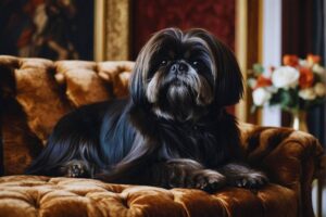 cachorro Lhasa Apso preto deitado no sofá