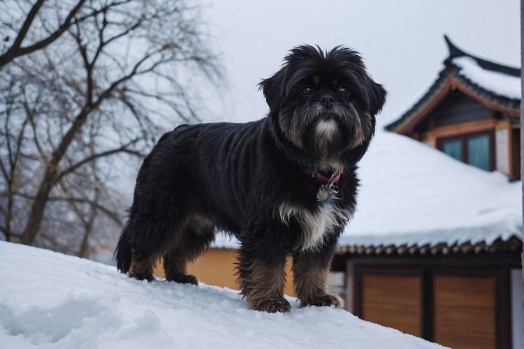 cachorro Lhasa Apso preto na neve em frente a casa
