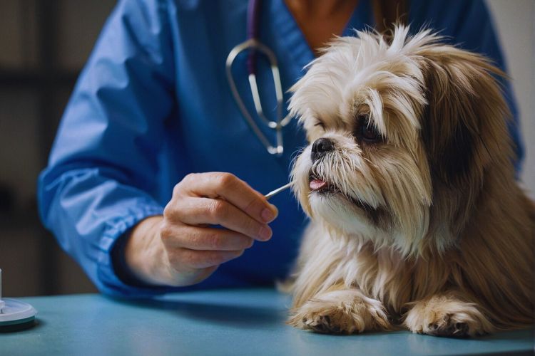cachorro Lhasa Apso sendo cuidado por um veterinário