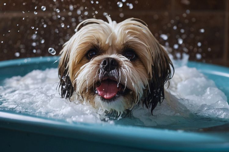 cachorro Lhasa Apso tomando banho