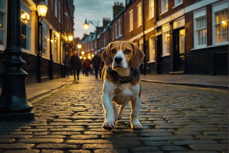 cachorro beagle nas ruas de londres